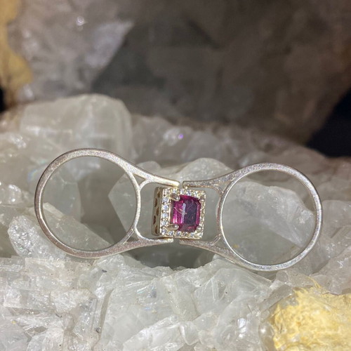 Handmade silver double-sided ring with natural indicolite, pink tourmaline & moissanite, new