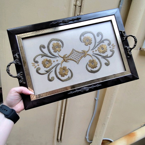 Vintage wooden tray with embroidery used