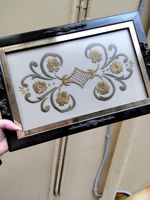 Vintage wooden tray with embroidery used