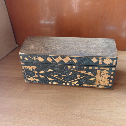 Vintage handmade wooden box used with green felt lining