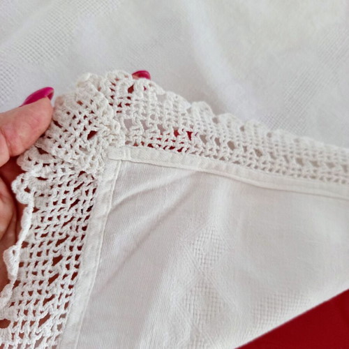 Handmade white tablecloth with thick crochet lace, like new