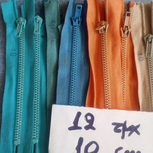 Set of 12 metal zippers, 10 cm, assorted colors