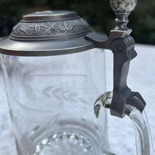 Vintage German beer stein with etched barley and hops