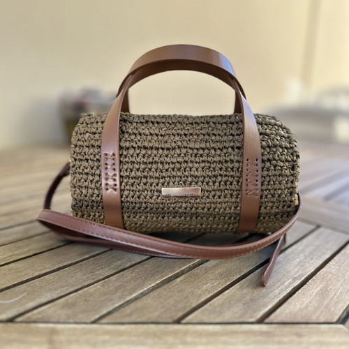 Handmade Raffia Barrel Bag with Tan PU Leather Details, Crossbody
