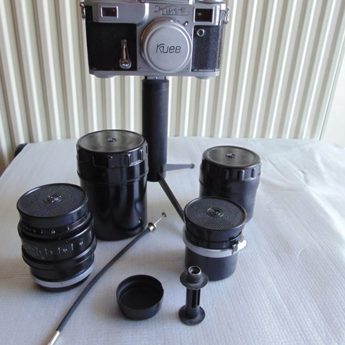 Kiev 3A 1956 camera used with 3 lenses and accessories