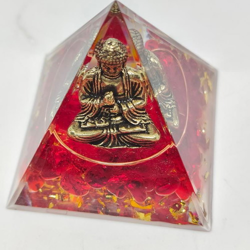 Orgonite pyramid with Buddha and red quartz like new