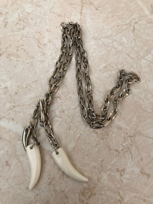 Necklace with plastic and metal fangs