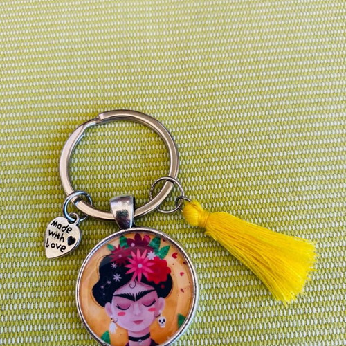 Frida Kahlo handmade silver keychain, boho art