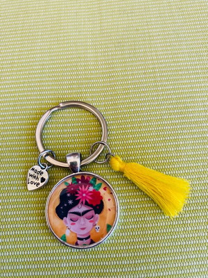 Frida Kahlo handmade silver keychain, boho art
