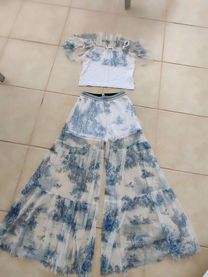 Mini Raxevsky porcelain print crop top and flared pants set No 12
