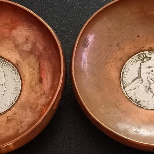 Vintage copper bowls set of 2 with silver 1 Birr coins Ethiopia Menelik II