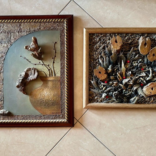 Handmade paintings from natural materials used, set of two