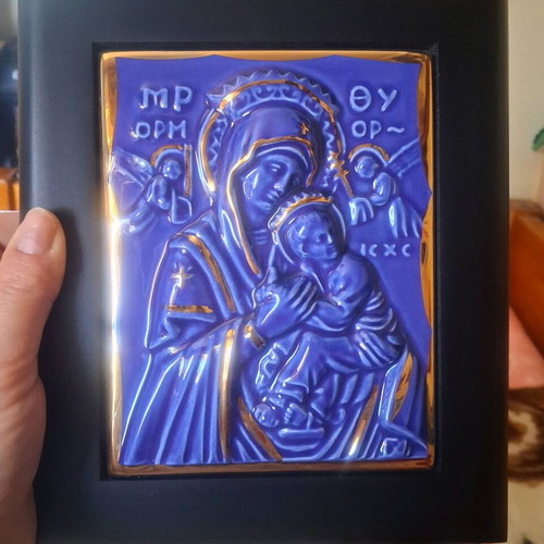Collectible icon Virgin Mary with Child blue porcelain with gold details new