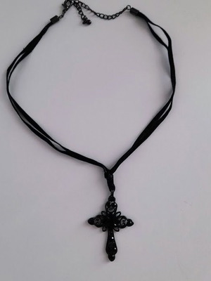 Black metal cross necklace like new with shiny stones on velvet ribbon