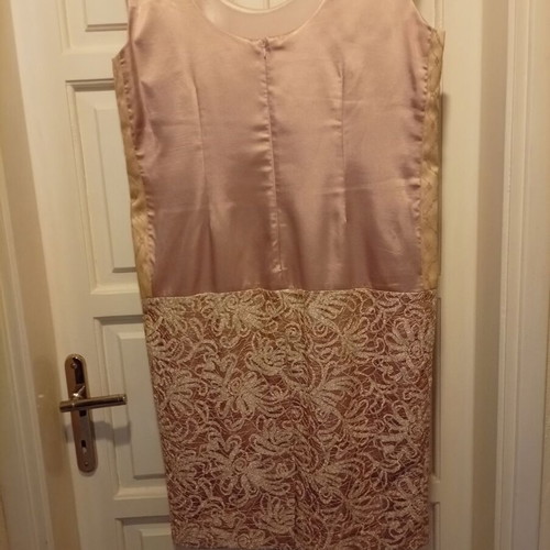 Forel 6XL / 52 / 24 beige and gold evening dress with lace and satin