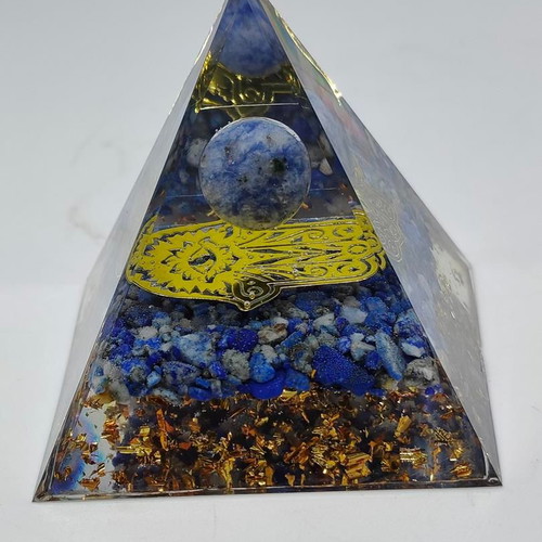 Orgonite pyramid with Lapis Lazuli, Sodalite and Hamsa hand like new