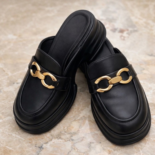 Luigi women's black mules with gold chain like new