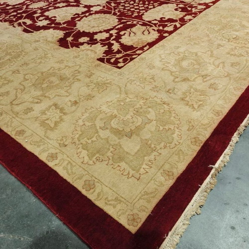 Persian Rug classic style with deep burgundy and beige floral motifs like new