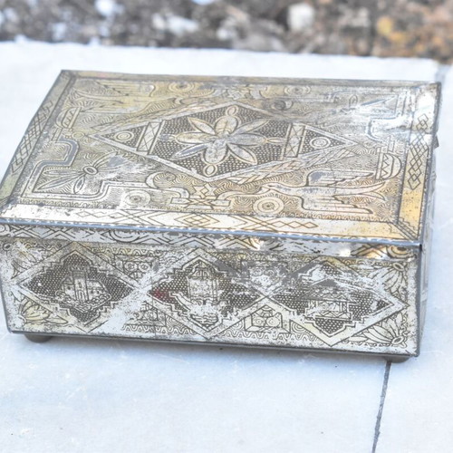 Vintage carved metal tobacco box used with rich decoration