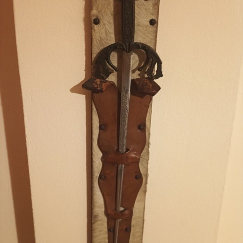 Vintage wall decoration set with swords, shield & leather masks