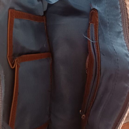 Shoulder bag used, grey denim with brown details
