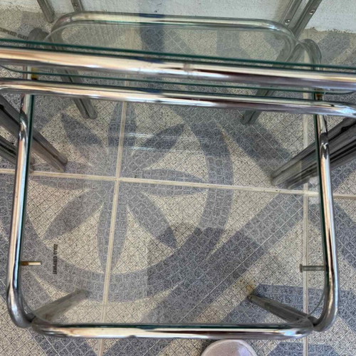 Set of 3 glass and metal coffee tables