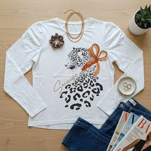White long-sleeve blouse with leopard print Sauvage, like new