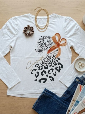 White long-sleeve blouse with leopard print Sauvage, like new