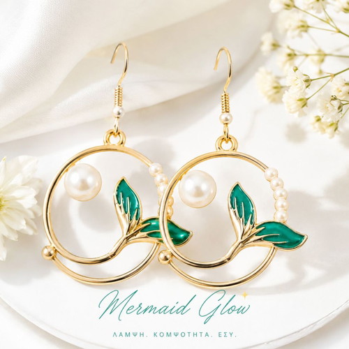Handmade Mermaid's Pearl Earrings gold hoops with pearls and mermaid tail