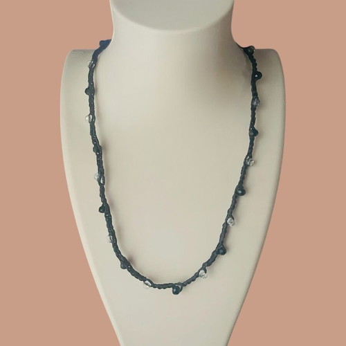 Macrame necklace new with small transparent and black crystal beads