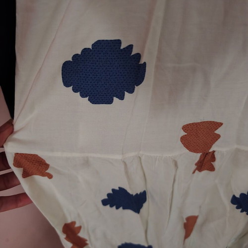 Shoko long summer dress with archaeological pattern, beige and blue