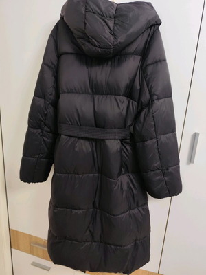 Black long jacket new, size XL, with belt and magnetic buttons