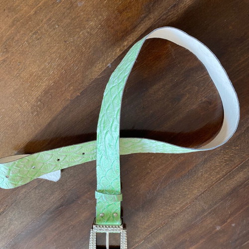Women's leather belt new, green with snake design and rhinestones
