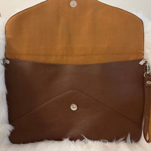 Leather envelope bag used, brown, with shoulder and hand strap