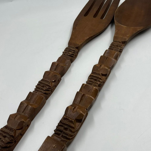 Vintage wooden decorative Tiki fork and spoon set used, tribal style