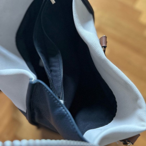 Shoulder Bag used, beige and blue with pockets