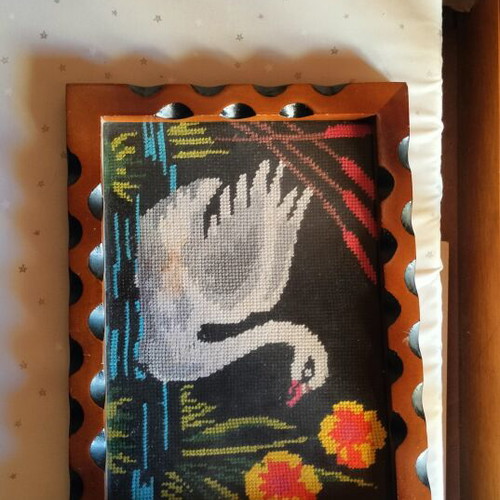 Vintage embroidered swan used textile art