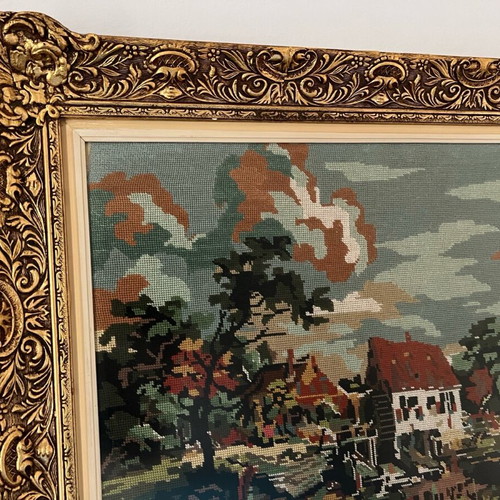 Antique painting handmade embroidery rural landscape like new