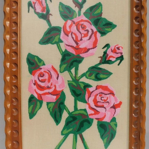 Embroidered paintings with protective glass and wooden ornate frame, set of two