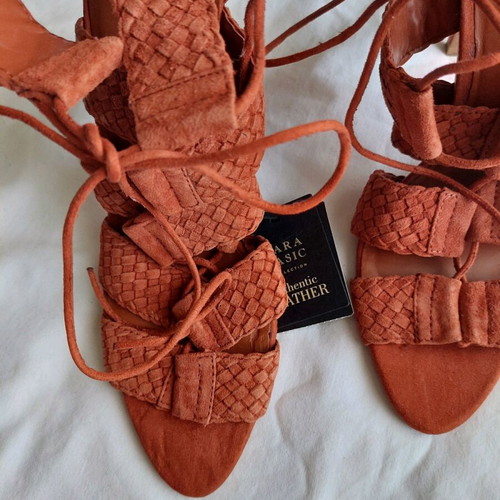 Zara brown suede leather lace-up heeled sandals new, size 40