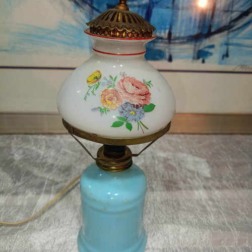 Opaline lamp used with hand-painted shade, shabby chic style