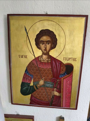 Handmade Saint George icon new, Mount Athos style with 18k gold