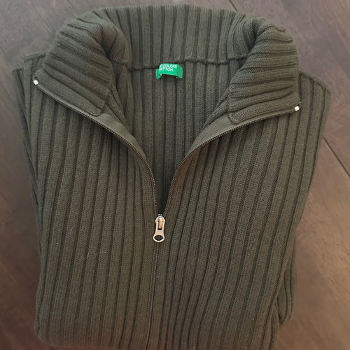 Benetton XL men's knitted cardigan with zipper, khaki