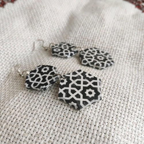Pentagonal earrings black and white patterned new handmade