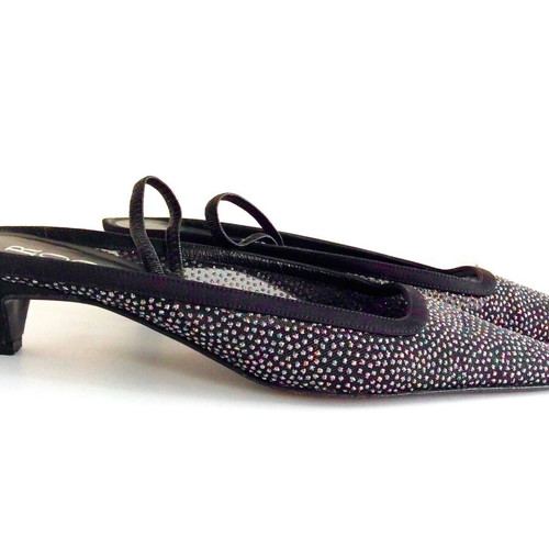 Rodo black satin slingbacks with iridescent crystals used