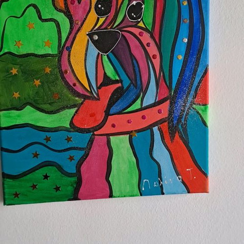 Painted canvas used with dog motif, 40x30 cm