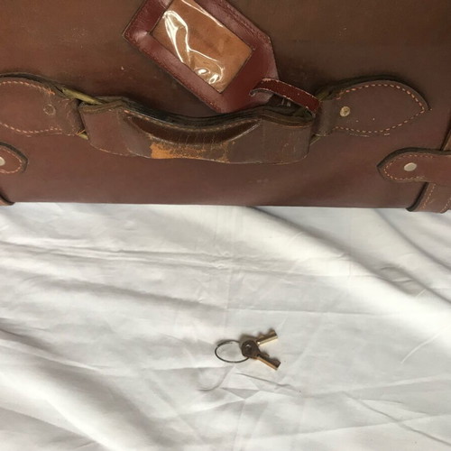 Antique leather suitcase used, handmade, early 20th century