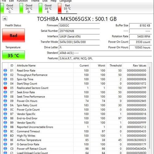 Toshiba MK5065GSX 500GB 2.5" SATA II hard drive for parts or repair