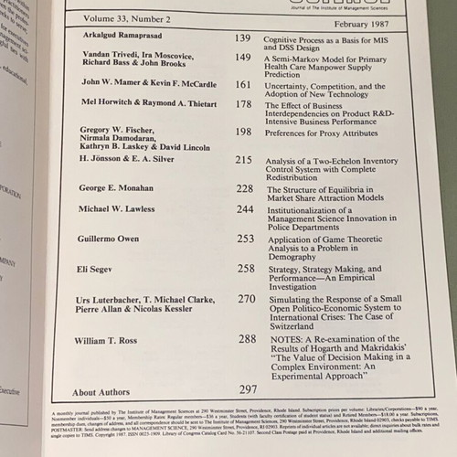 Management Science magazine February 1987 like new, academic research