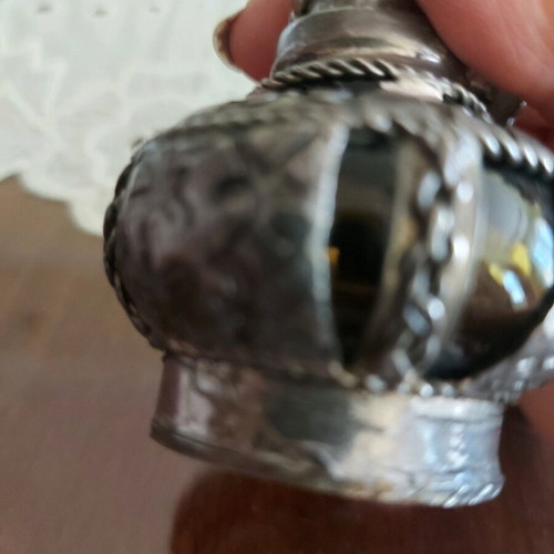 Oil lamp used, miniature with yellow glass and metal fittings